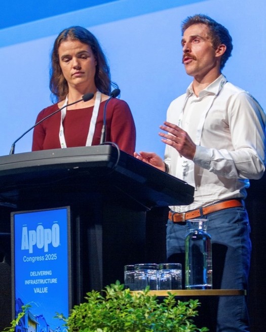 Finalists in the Emerging Professionals Catagory, Danika Ferguson and Jon Tweed presented the project at the Āpōpō Conference 2025