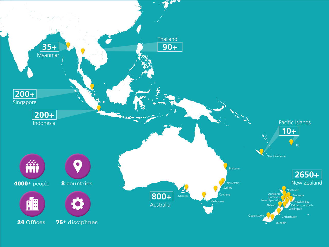 Map of all Beca office locations and its number of staff members per country